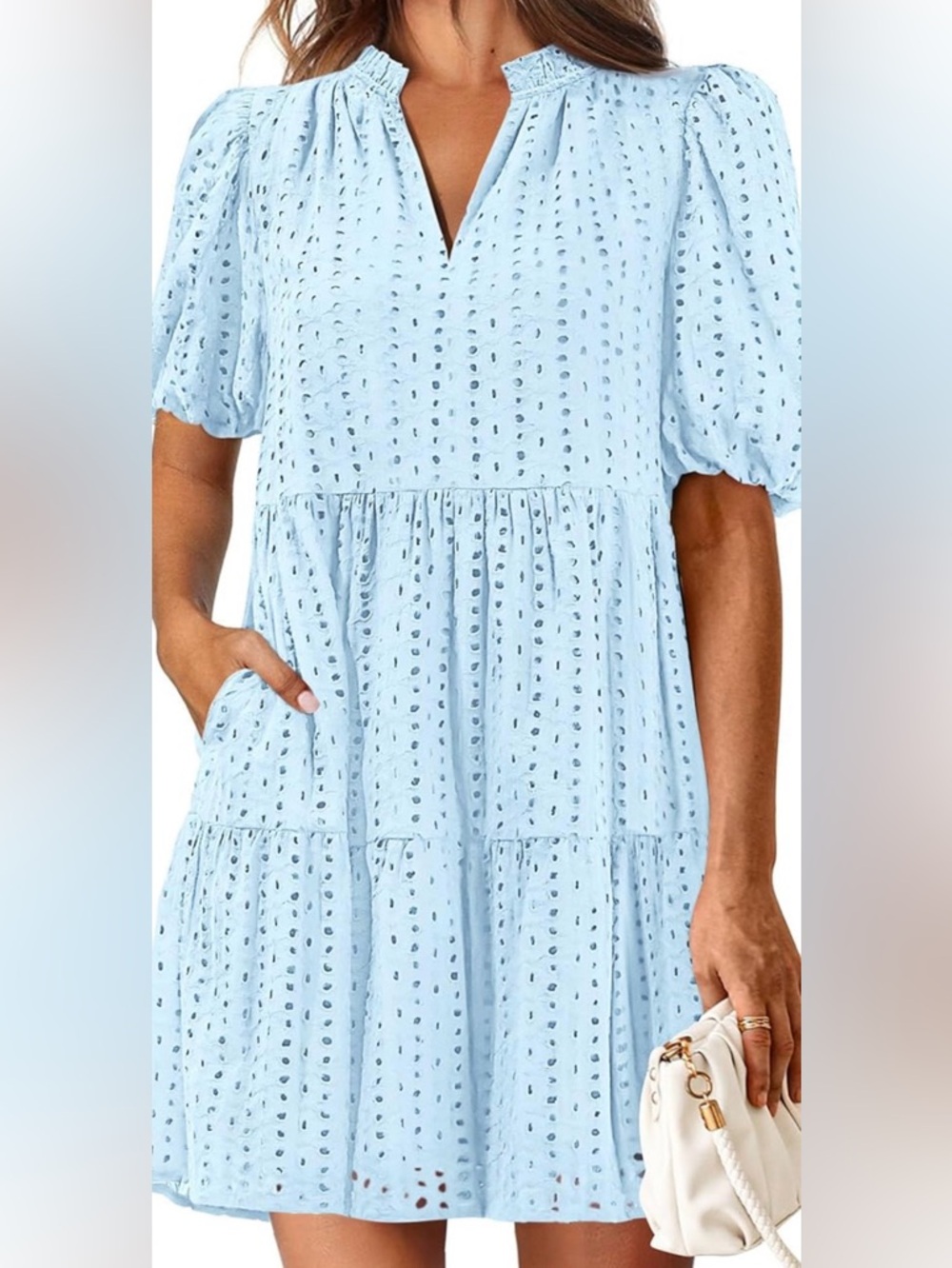 Light Blue Eyelet Puff-Sleeve Mini Dress